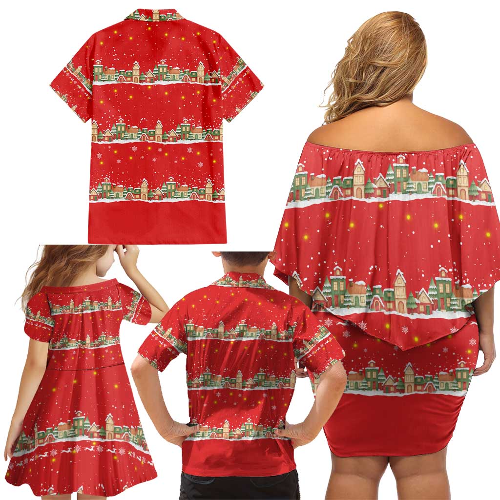 Funny Dachshund Dog Light Up Christmas Family Matching Off Shoulder Short Dress and Hawaiian Shirt Snowy Village Red Holiday Design - Wonder Print Shop