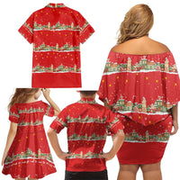 Funny Dachshund Dog Light Up Christmas Family Matching Off Shoulder Short Dress and Hawaiian Shirt Snowy Village Red Holiday Design - Wonder Print Shop