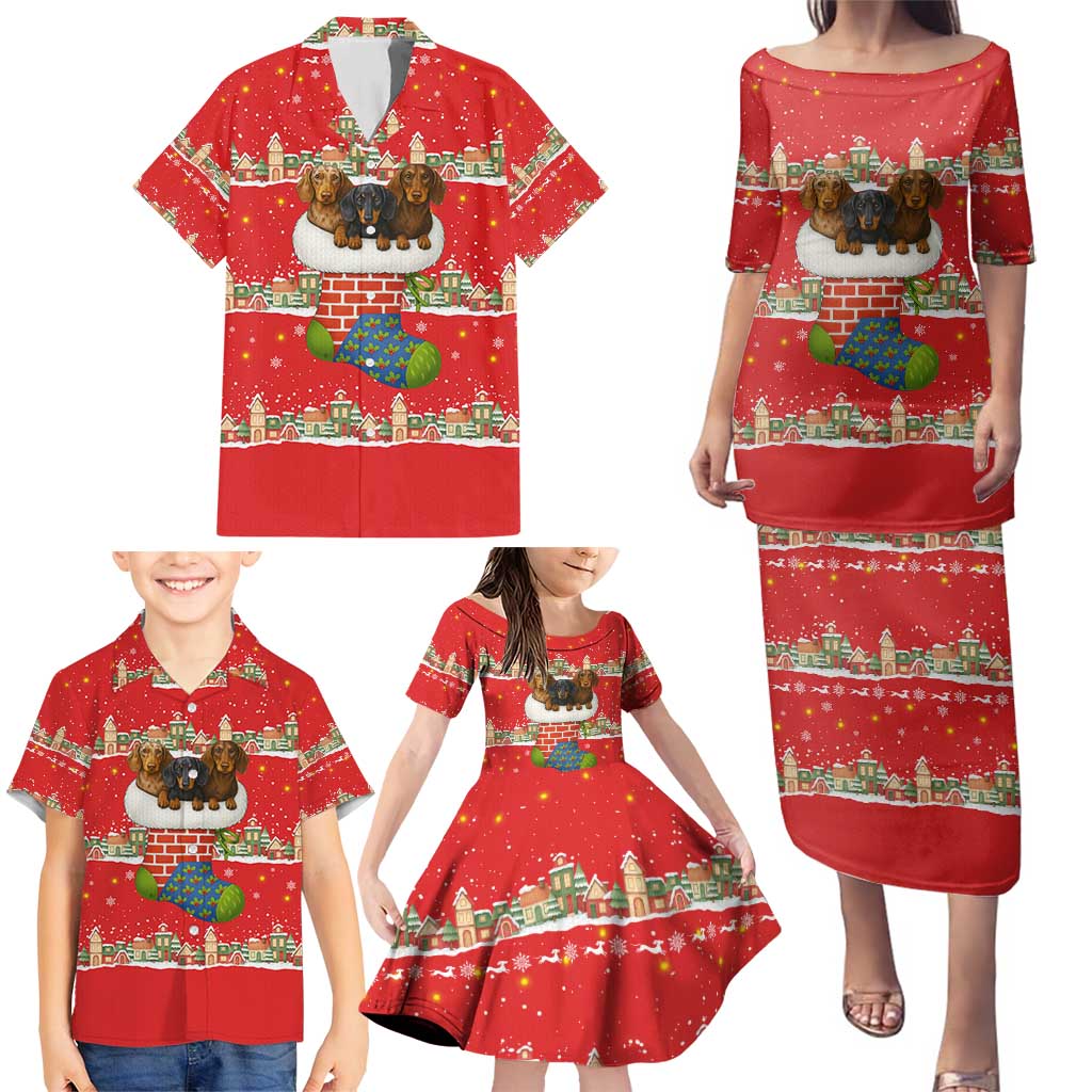 Funny Dachshund Dog Light Up Christmas Family Matching Puletasi and Hawaiian Shirt Snowy Village Red Holiday Design - Wonder Print Shop