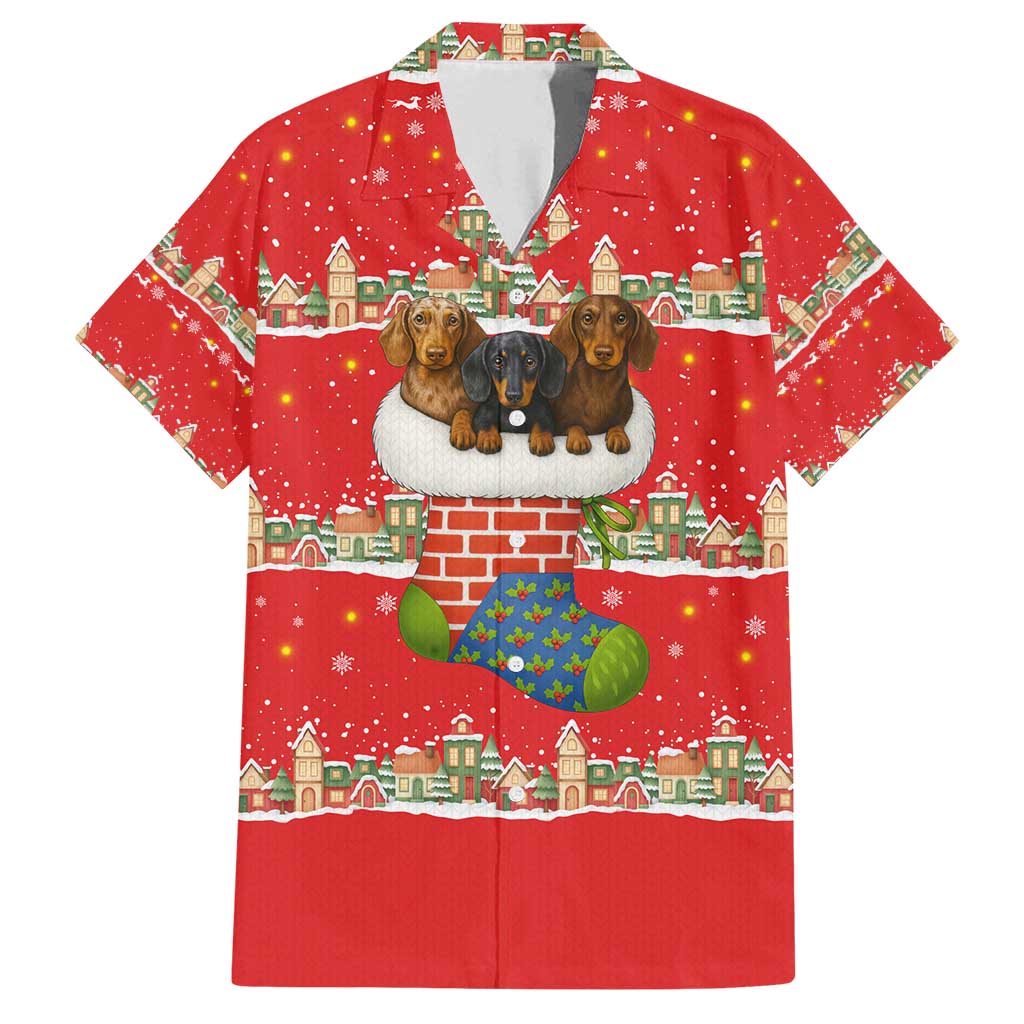 Funny Dachshund Dog Light Up Christmas Family Matching Puletasi and Hawaiian Shirt Snowy Village Red Holiday Design - Wonder Print Shop