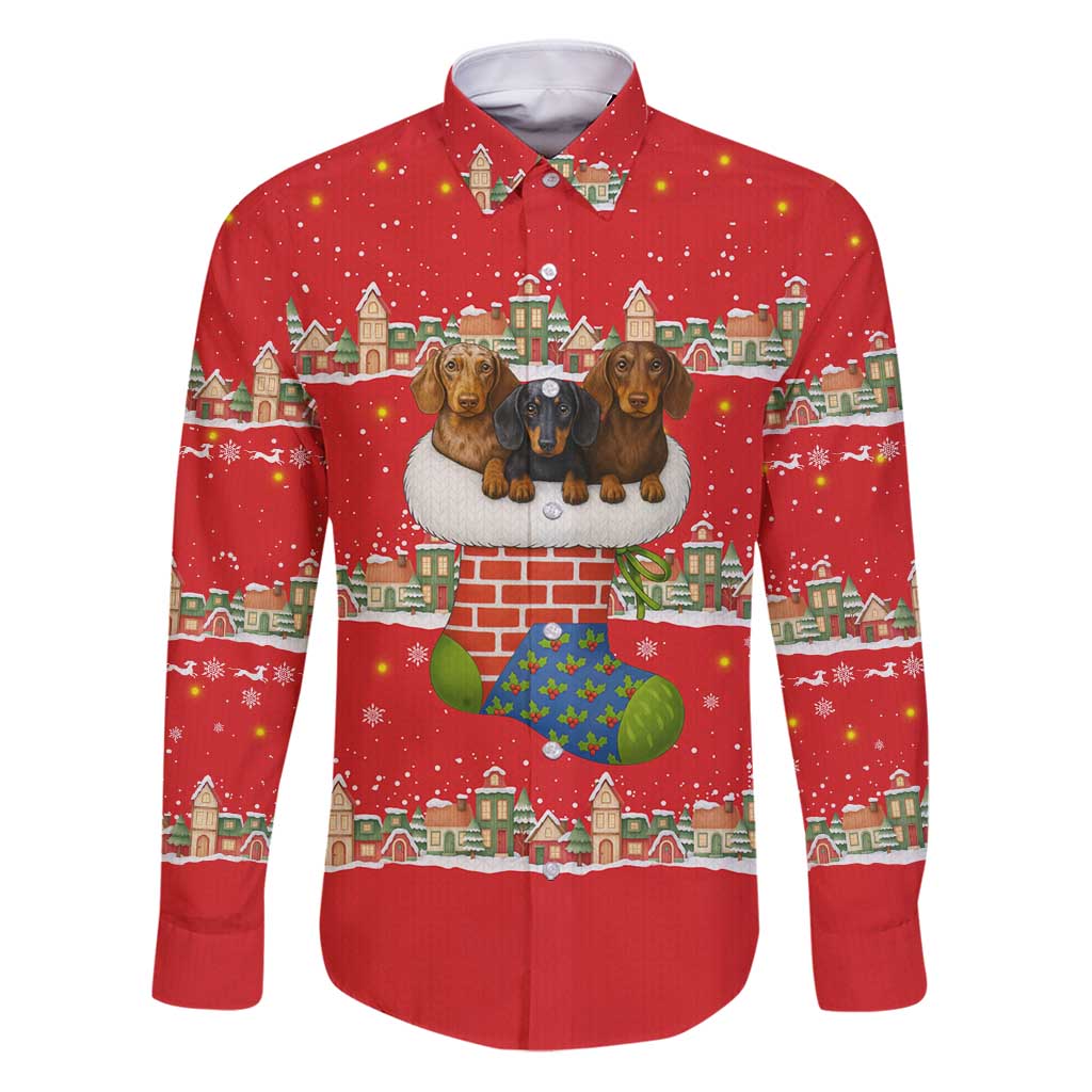 Funny Dachshund Dog Light Up Christmas Family Matching Puletasi and Hawaiian Shirt Snowy Village Red Holiday Design - Wonder Print Shop