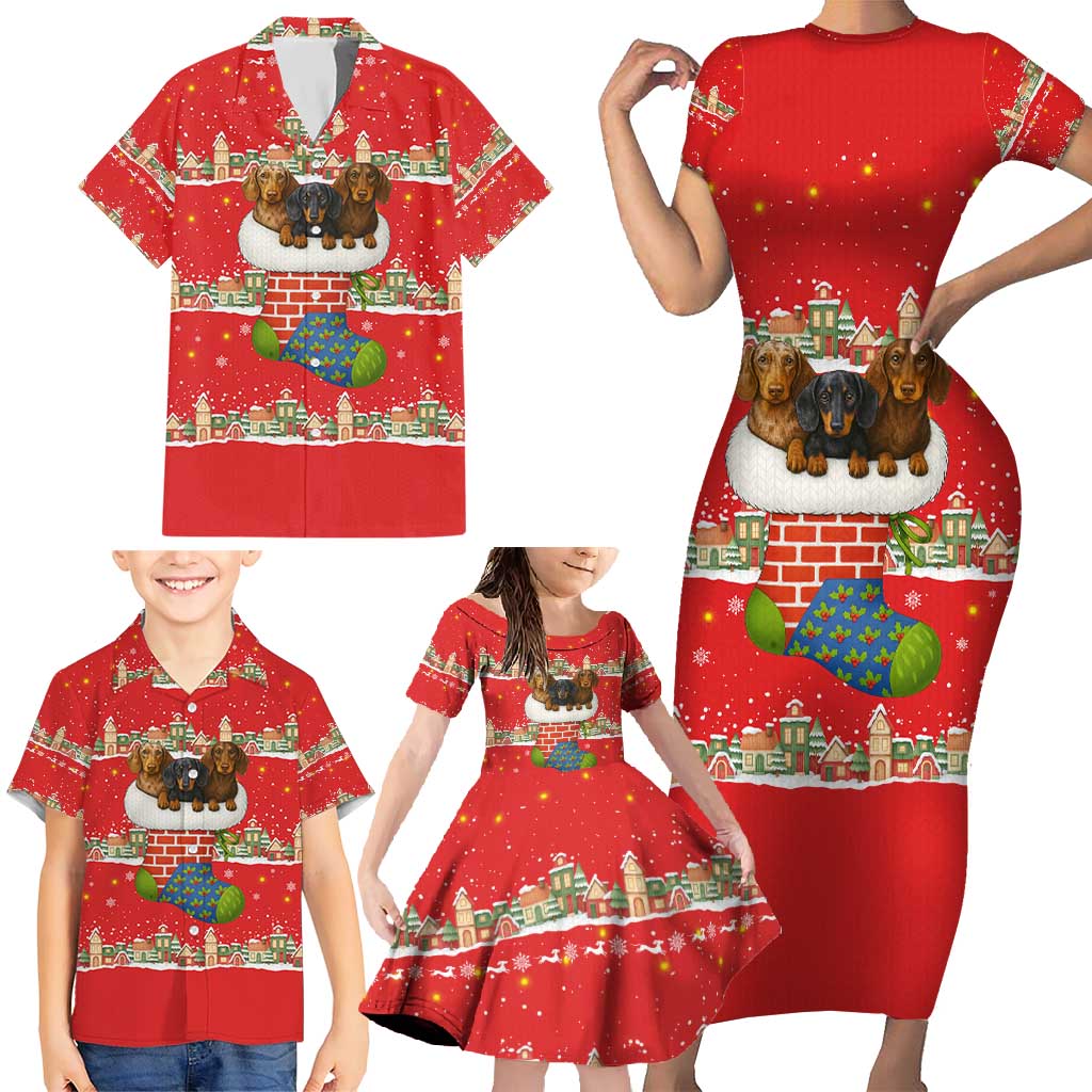 Funny Dachshund Dog Light Up Christmas Family Matching Short Sleeve Bodycon Dress and Hawaiian Shirt Snowy Village Red Holiday Design - Wonder Print Shop