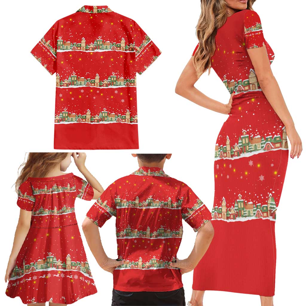 Funny Dachshund Dog Light Up Christmas Family Matching Short Sleeve Bodycon Dress and Hawaiian Shirt Snowy Village Red Holiday Design - Wonder Print Shop
