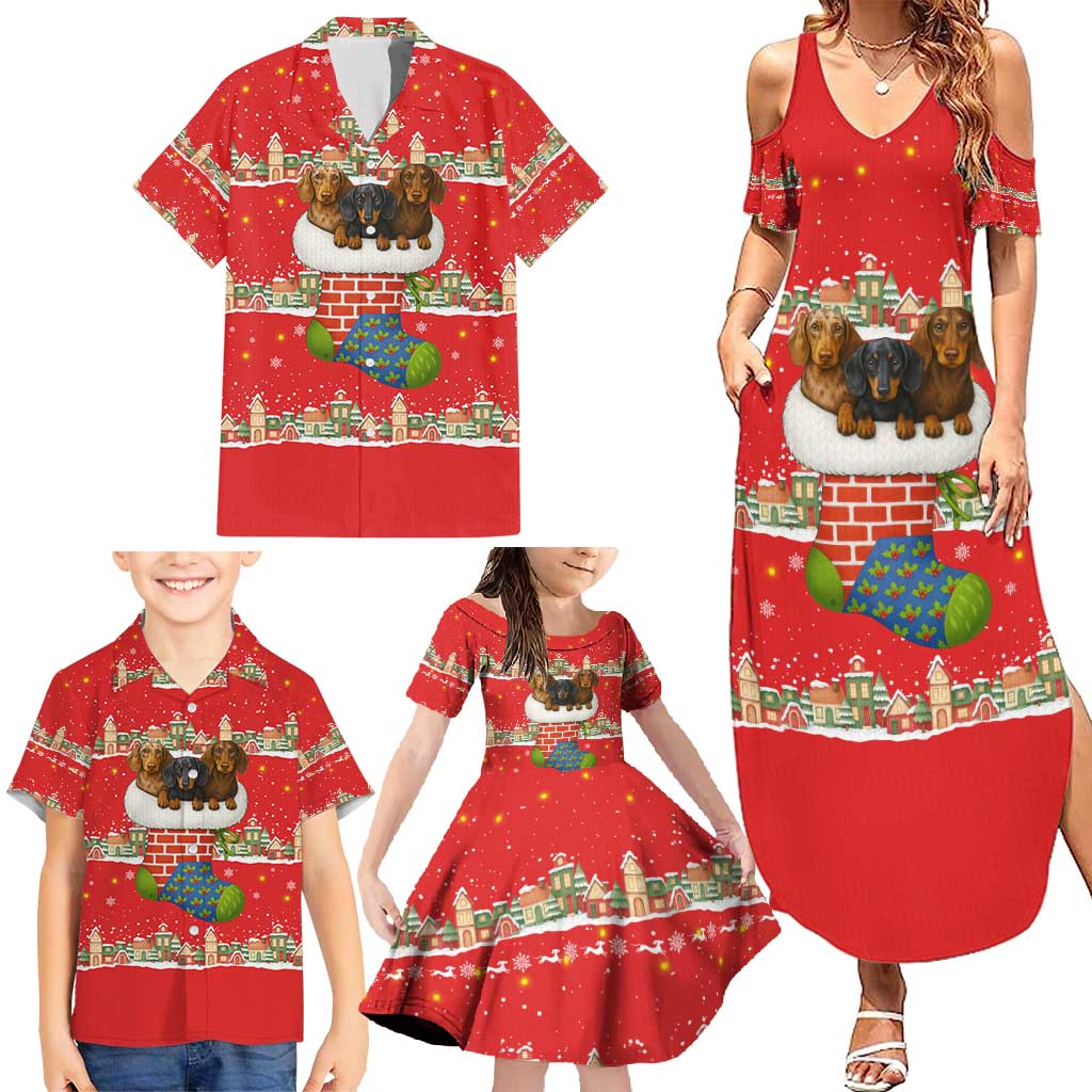 Funny Dachshund Dog Light Up Christmas Family Matching Summer Maxi Dress and Hawaiian Shirt Snowy Village Red Holiday Design - Wonder Print Shop