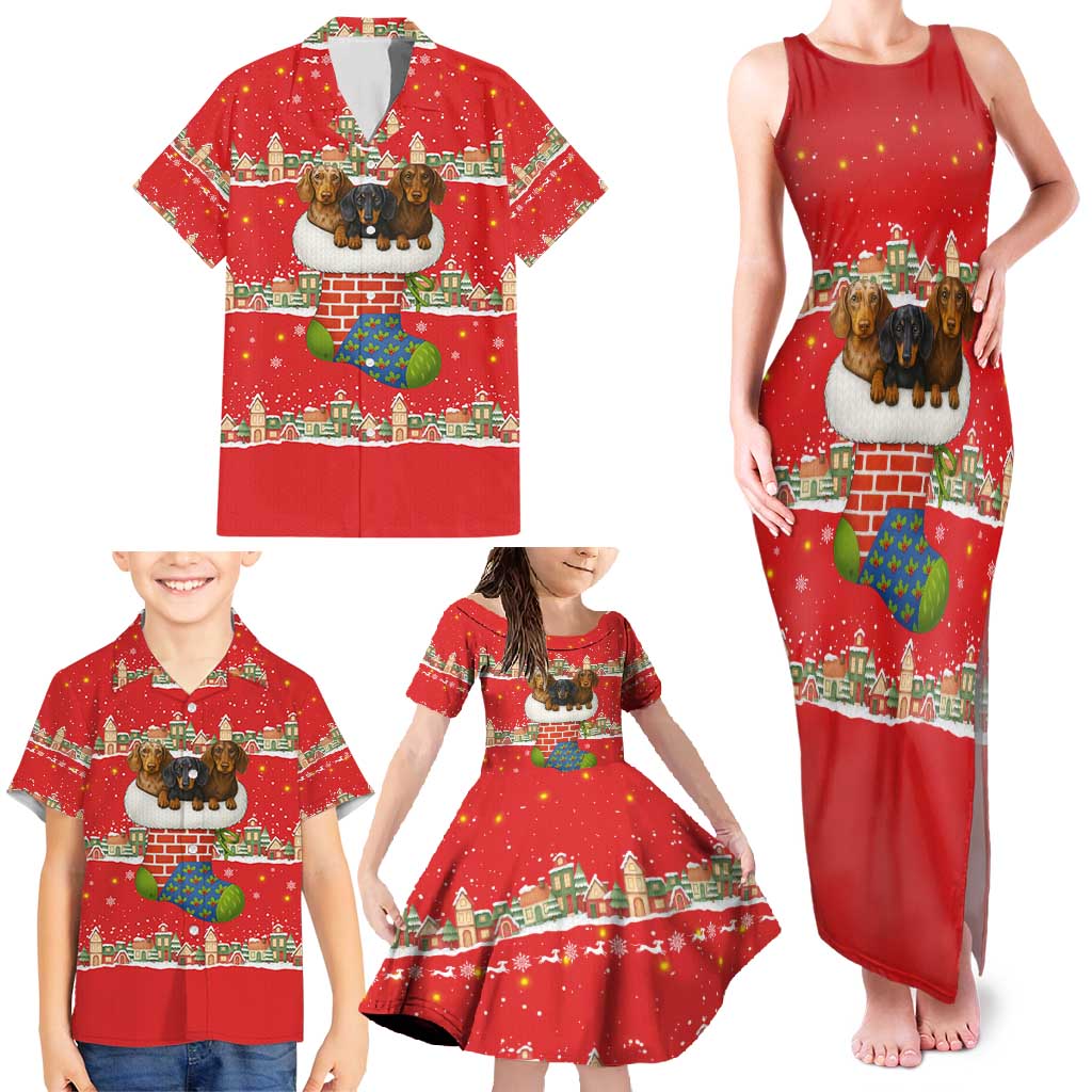 Funny Dachshund Dog Light Up Christmas Family Matching Tank Maxi Dress and Hawaiian Shirt Snowy Village Red Holiday Design - Wonder Print Shop
