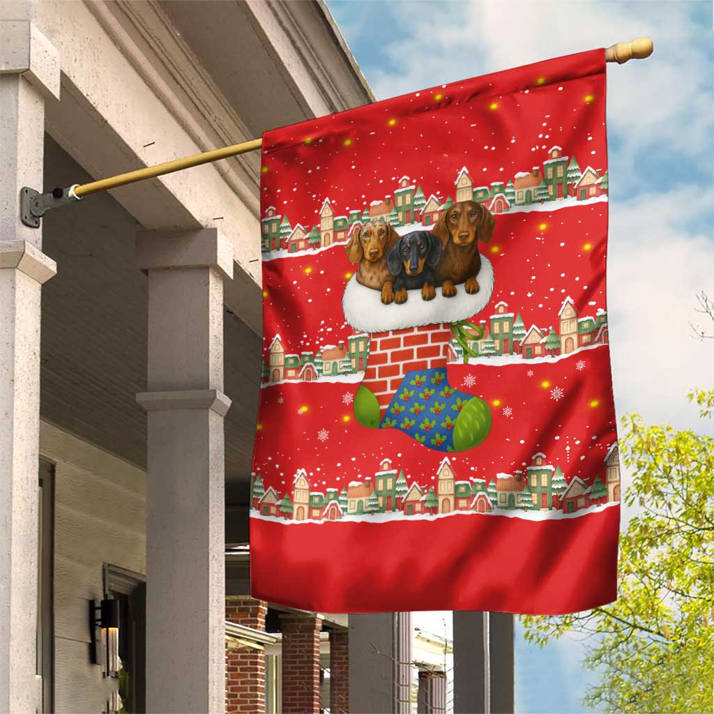Funny Dachshund Dog Light Up Christmas Garden Flag Snowy Village Red Holiday Design - Wonder Print Shop
