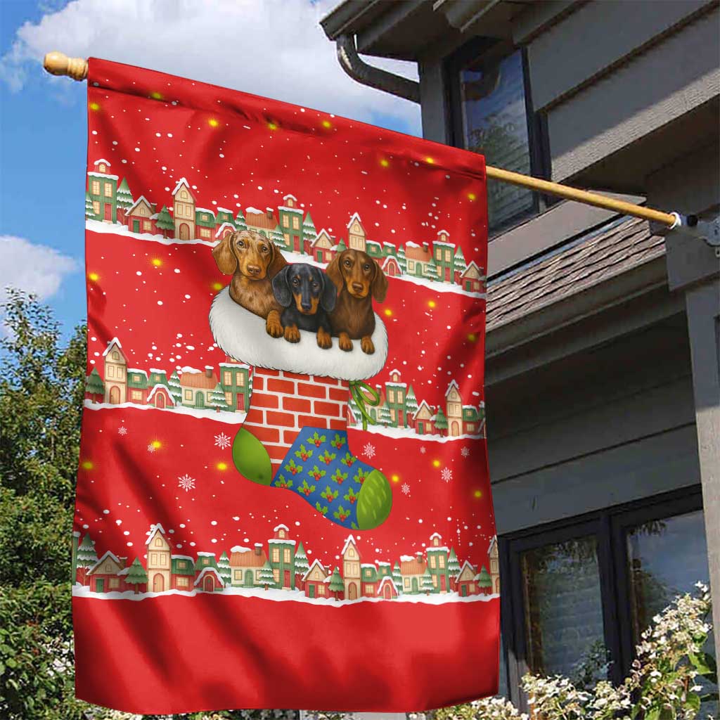 Funny Dachshund Dog Light Up Christmas Garden Flag Snowy Village Red Holiday Design - Wonder Print Shop