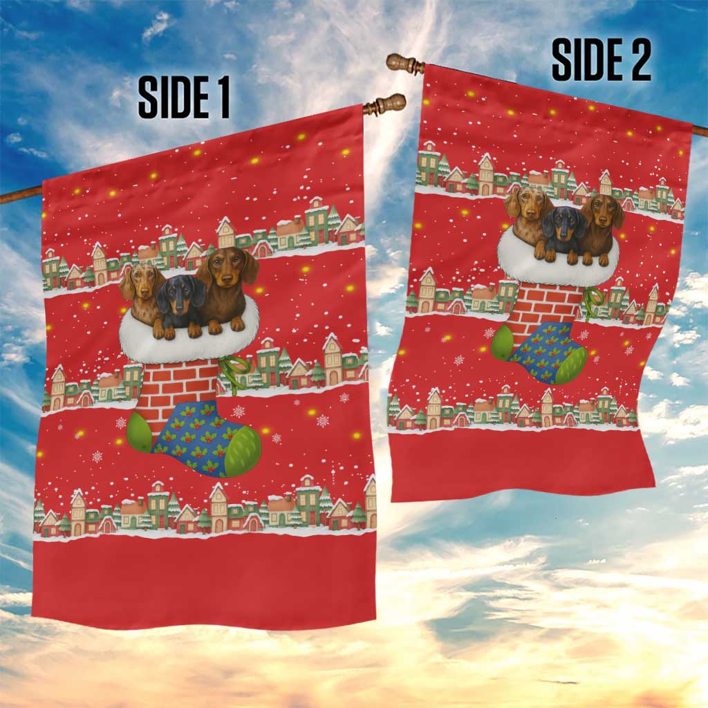 Funny Dachshund Dog Light Up Christmas Garden Flag Snowy Village Red Holiday Design - Wonder Print Shop