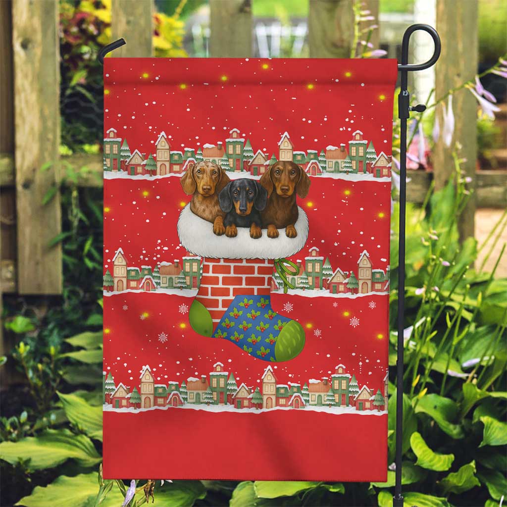 Funny Dachshund Dog Light Up Christmas Garden Flag Snowy Village Red Holiday Design - Wonder Print Shop