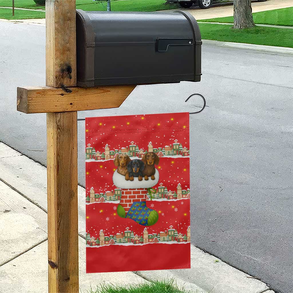 Funny Dachshund Dog Light Up Christmas Garden Flag Snowy Village Red Holiday Design - Wonder Print Shop