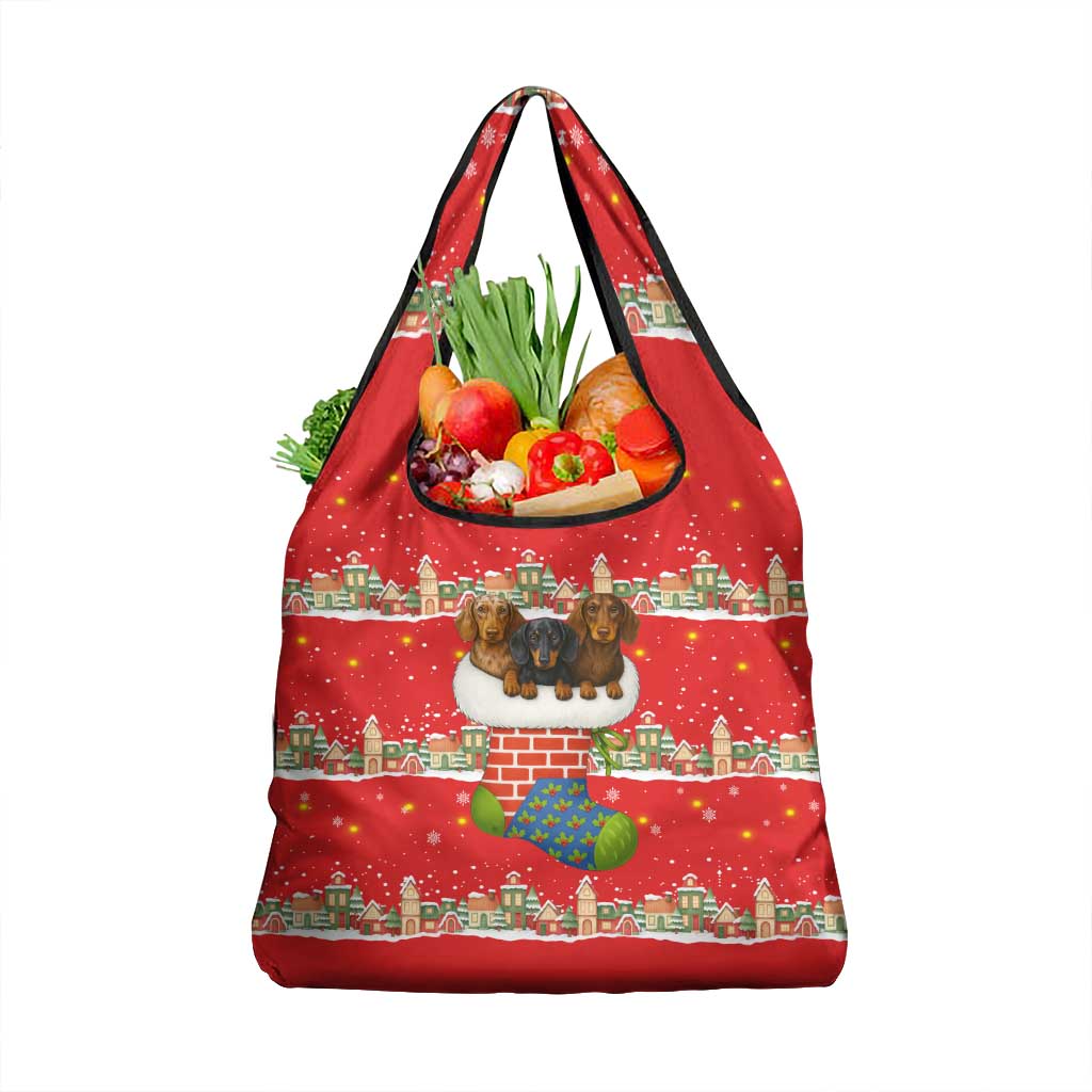 Funny Dachshund Dog Light Up Christmas Grocery Bag Snowy Village Red Holiday Design - Wonder Print Shop