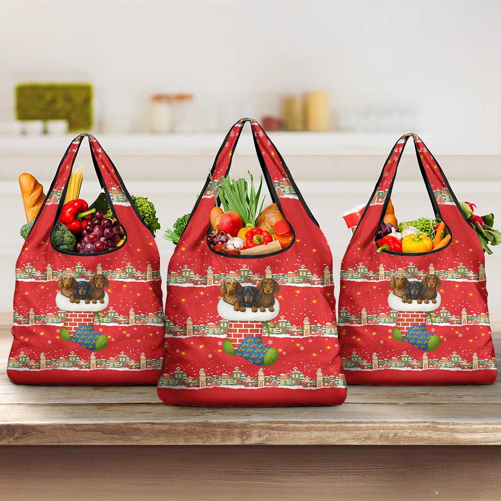 Funny Dachshund Dog Light Up Christmas Grocery Bag Snowy Village Red Holiday Design - Wonder Print Shop