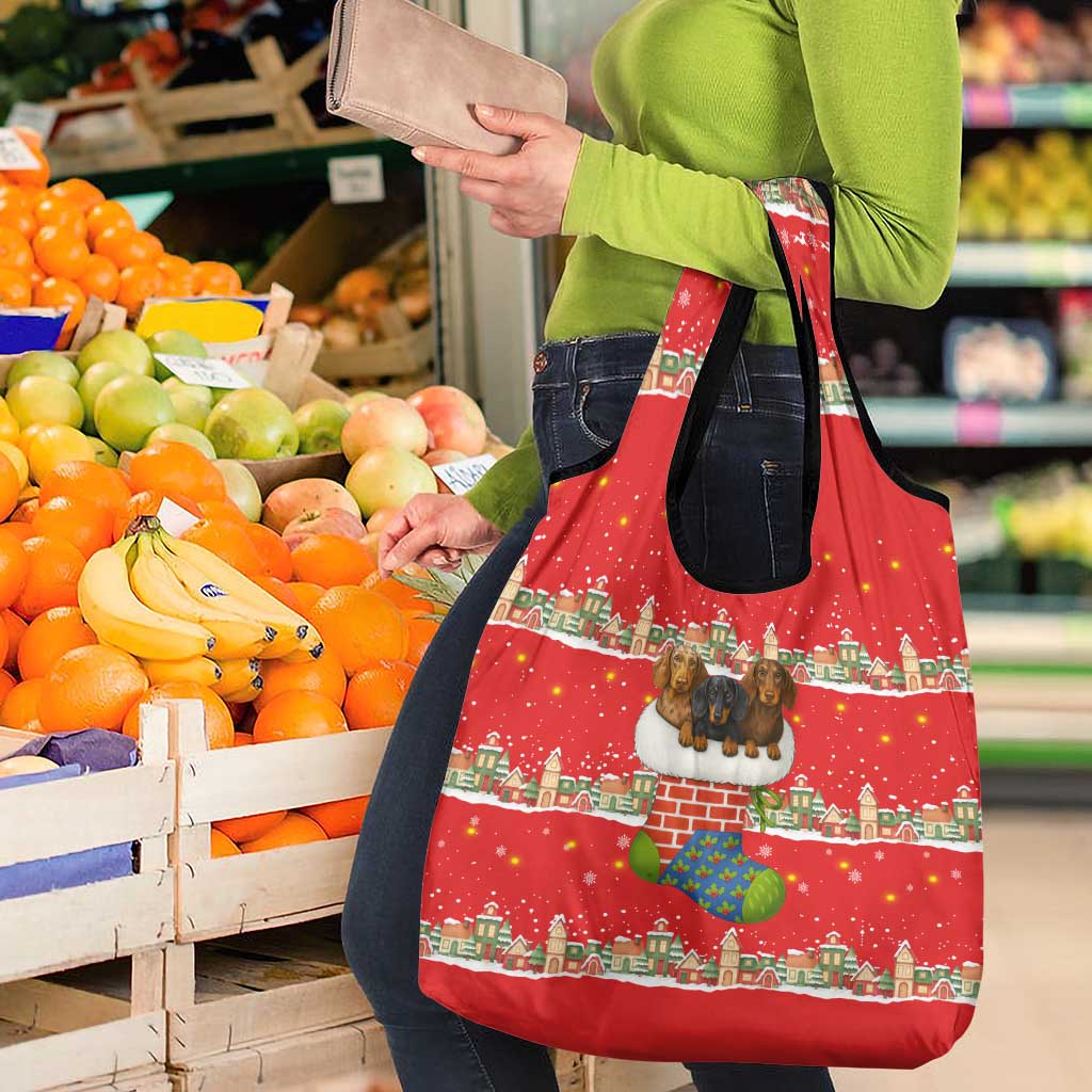 Funny Dachshund Dog Light Up Christmas Grocery Bag Snowy Village Red Holiday Design - Wonder Print Shop
