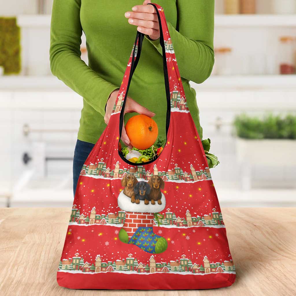 Funny Dachshund Dog Light Up Christmas Grocery Bag Snowy Village Red Holiday Design - Wonder Print Shop