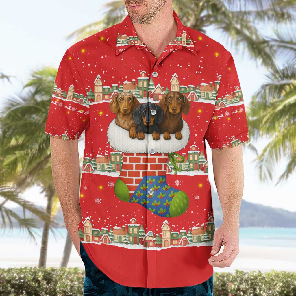 Funny Dachshund Dog Light Up Christmas Hawaiian Shirt Snowy Village Red Holiday Design - Wonder Print Shop