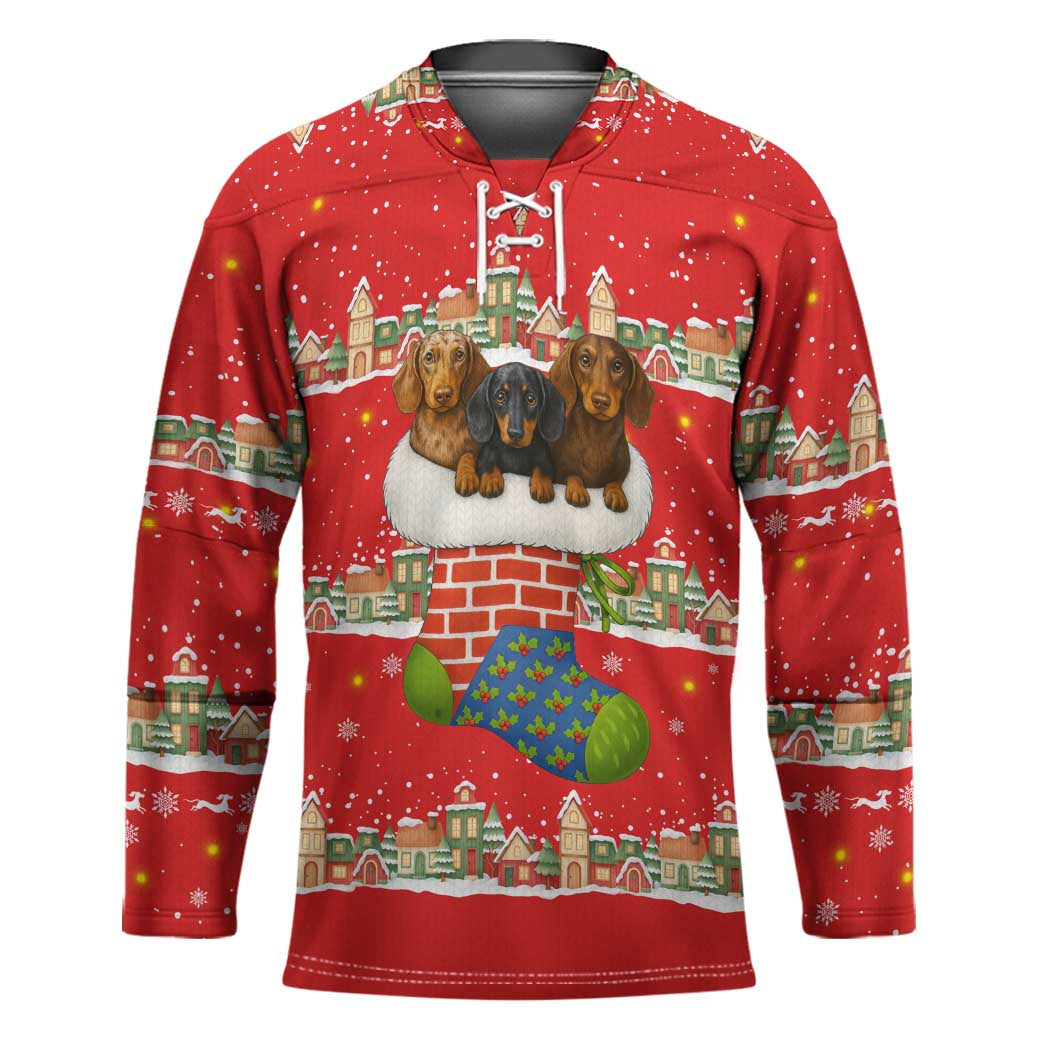 Funny Dachshund Dog Light Up Christmas Hockey Jersey Snowy Village Red Holiday Design - Wonder Print Shop