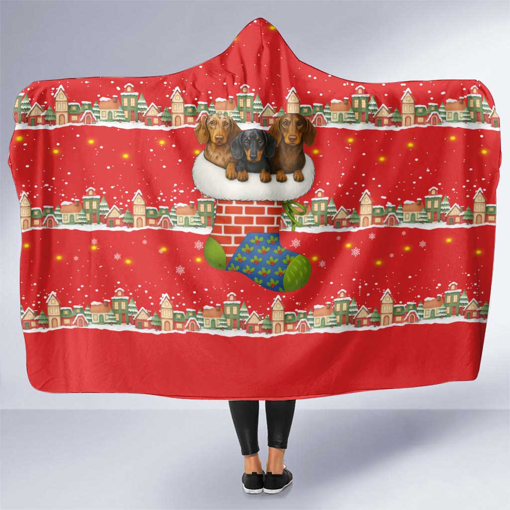 Funny Dachshund Dog Light Up Christmas Hooded Blanket Snowy Village Red Holiday Design - Wonder Print Shop