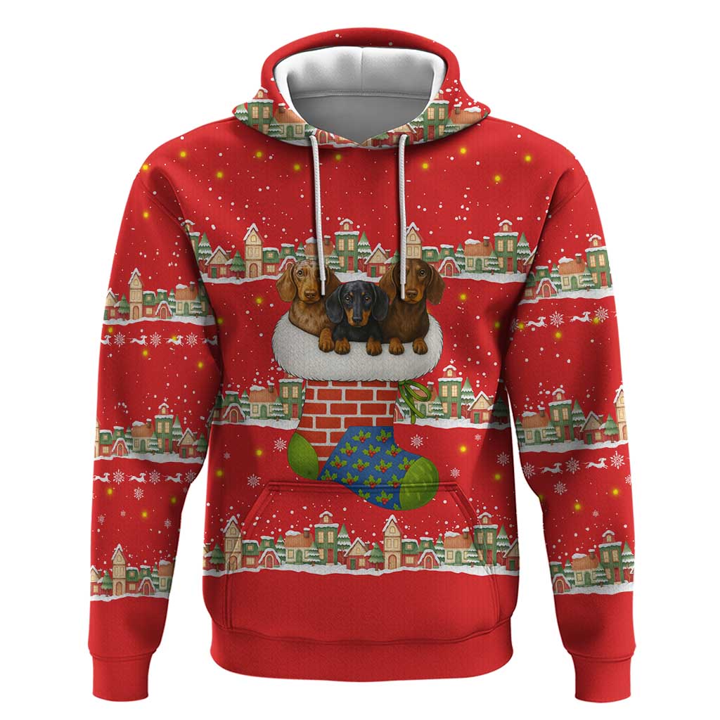Funny Dachshund Dog Light Up Christmas Hoodie Snowy Village Red Holiday Design - Wonder Print Shop