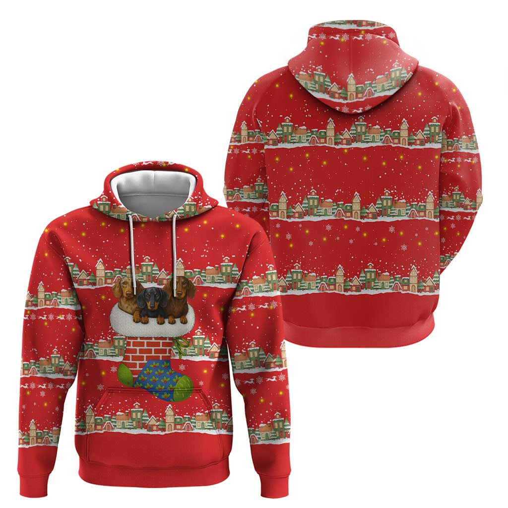 Funny Dachshund Dog Light Up Christmas Hoodie Snowy Village Red Holiday Design - Wonder Print Shop