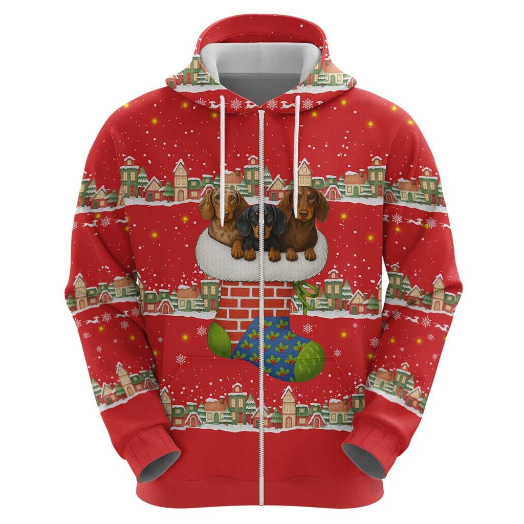 Funny Dachshund Dog Light Up Christmas Hoodie Snowy Village Red Holiday Design - Wonder Print Shop