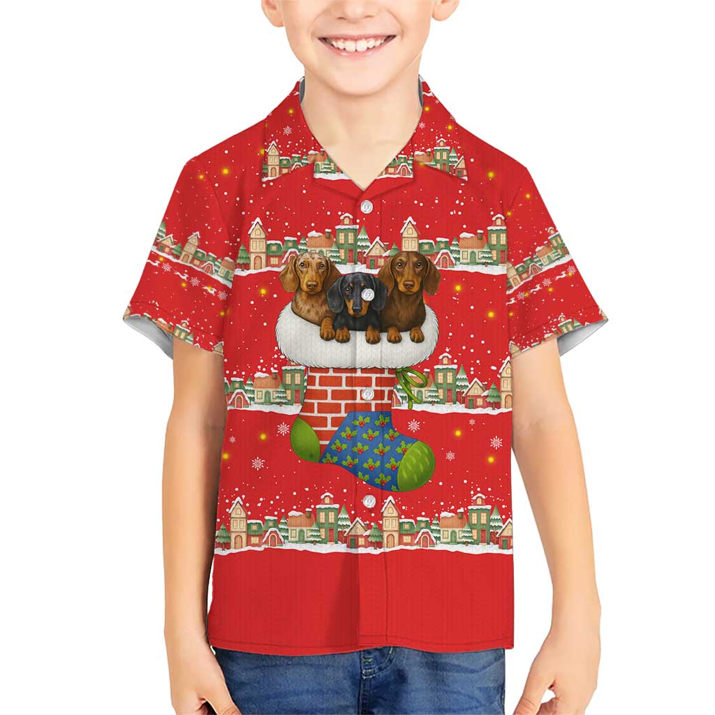 Funny Dachshund Dog Light Up Christmas Kid Hawaiian Shirt Snowy Village Red Holiday Design - Wonder Print Shop