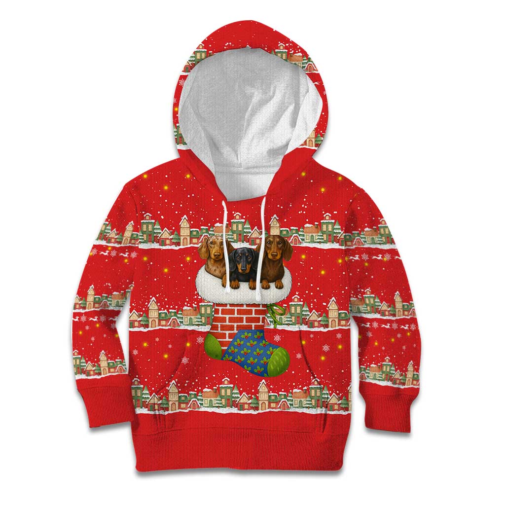 Funny Dachshund Dog Light Up Christmas Kid Hoodie Snowy Village Red Holiday Design - Wonder Print Shop