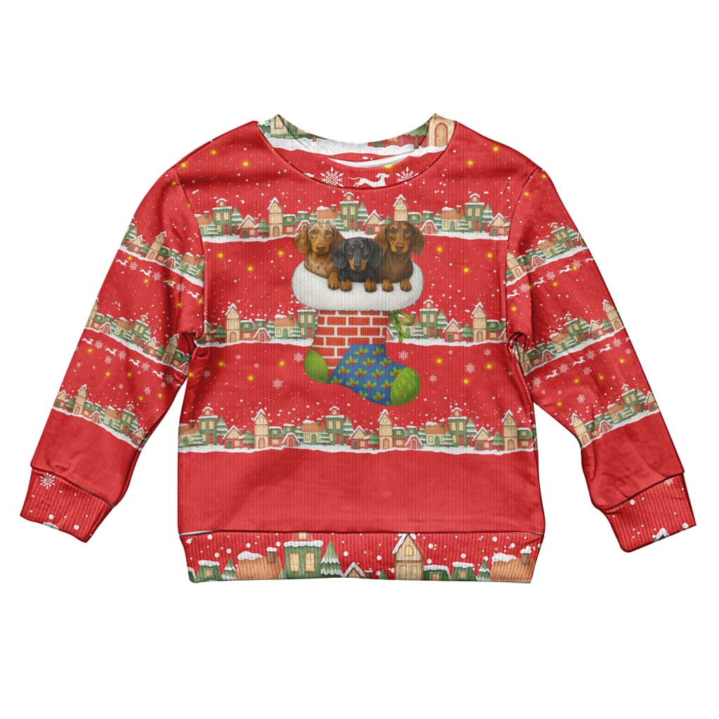 Funny Dachshund Dog Light Up Christmas Kid Ugly Christmas Sweater Snowy Village Red Holiday Design - Wonder Print Shop