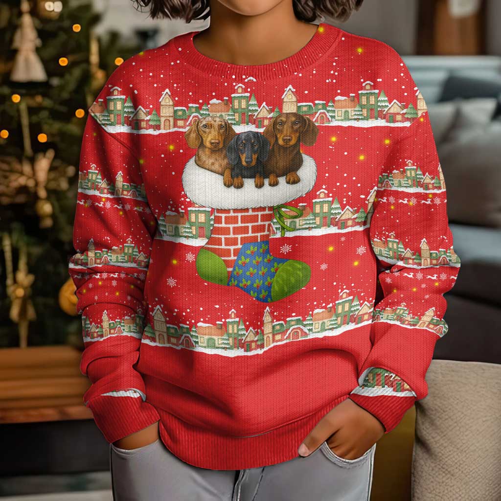 Funny Dachshund Dog Light Up Christmas Kid Ugly Christmas Sweater Snowy Village Red Holiday Design - Wonder Print Shop