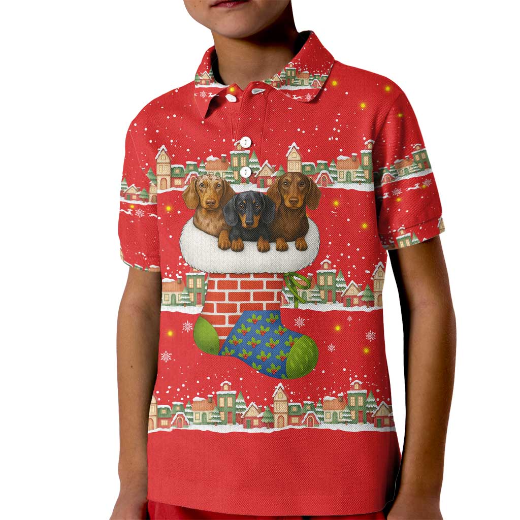 Funny Dachshund Dog Light Up Christmas Kid Polo Shirt Snowy Village Red Holiday Design - Wonder Print Shop