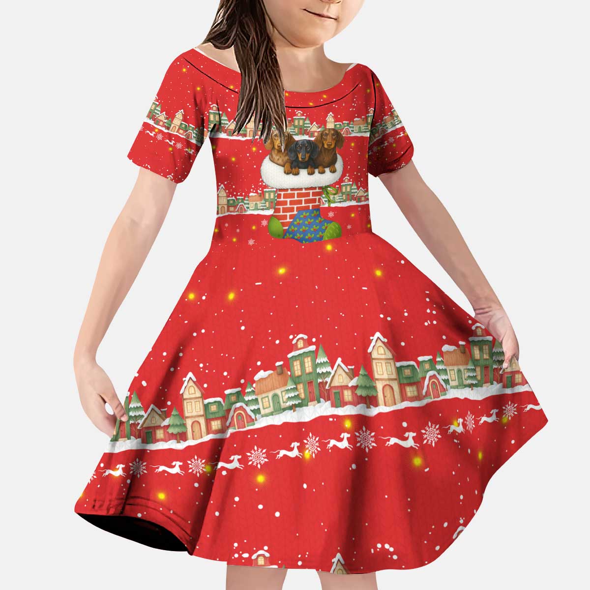 Funny Dachshund Dog Light Up Christmas Kid Short Sleeve Dress Snowy Village Red Holiday Design - Wonder Print Shop