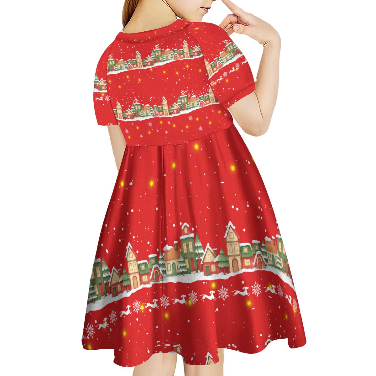 Funny Dachshund Dog Light Up Christmas Kid Short Sleeve Dress Snowy Village Red Holiday Design - Wonder Print Shop