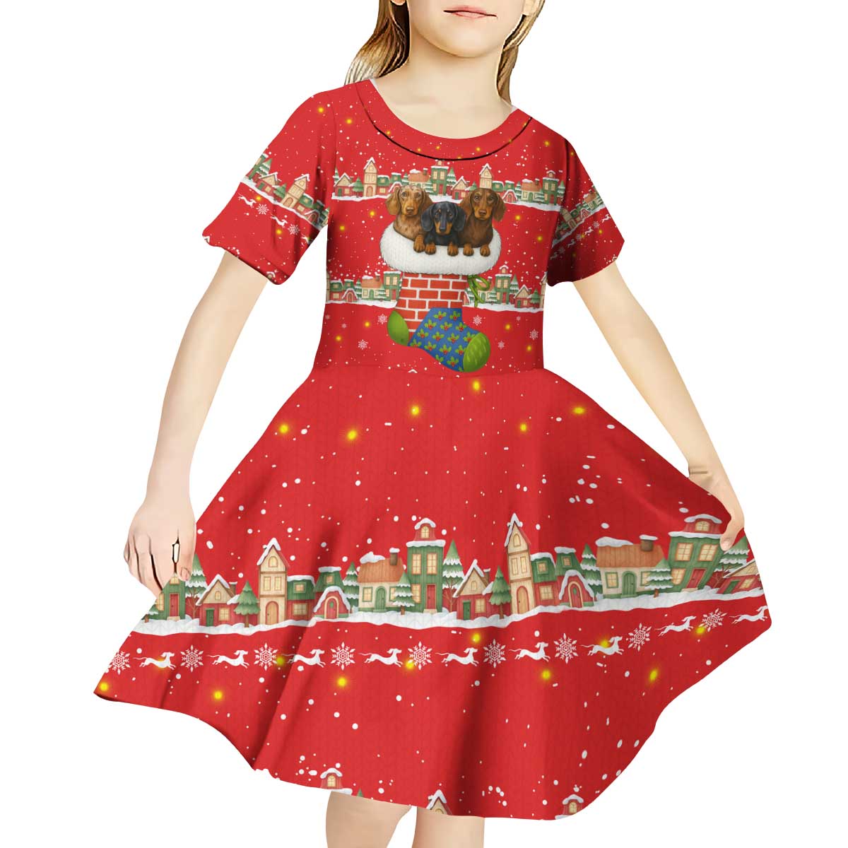 Funny Dachshund Dog Light Up Christmas Kid Short Sleeve Dress Snowy Village Red Holiday Design - Wonder Print Shop