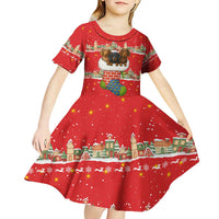 Funny Dachshund Dog Light Up Christmas Kid Short Sleeve Dress Snowy Village Red Holiday Design - Wonder Print Shop