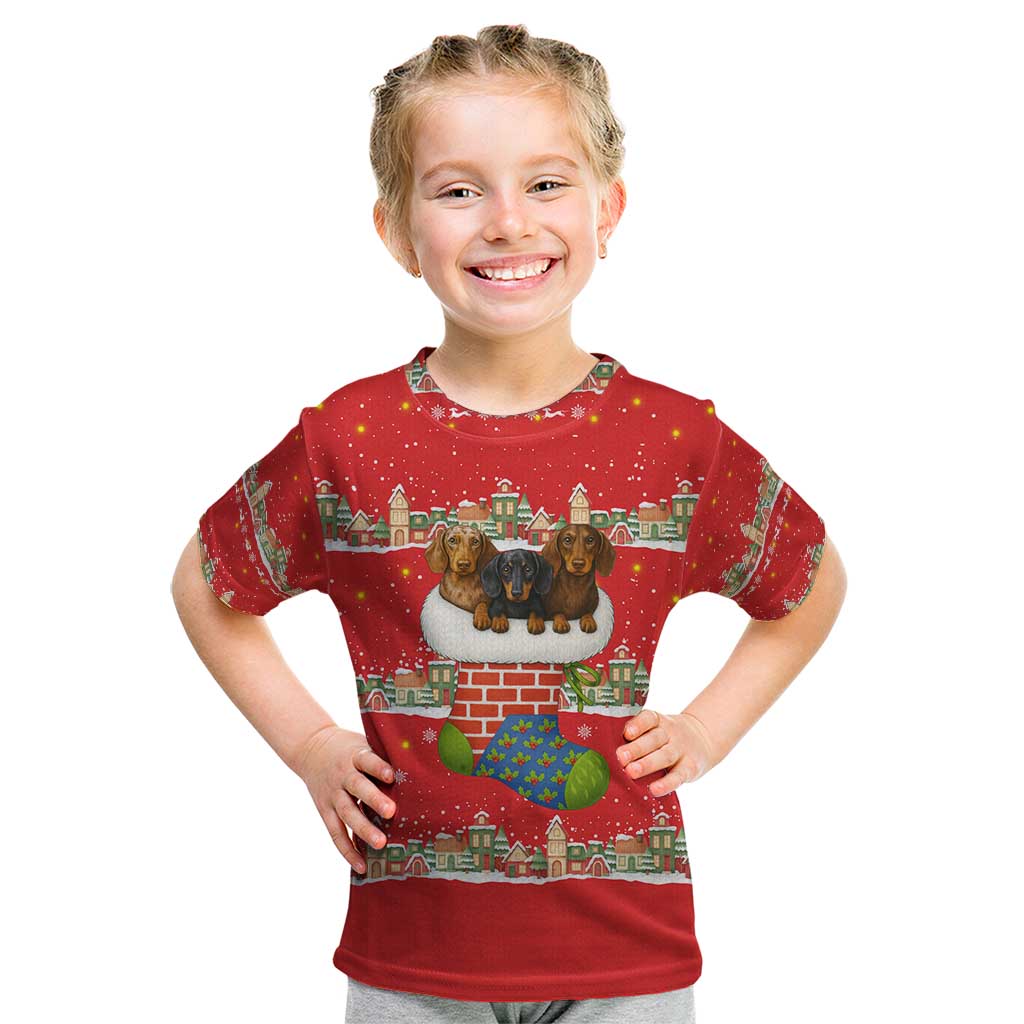 Funny Dachshund Dog Light Up Christmas Kid T Shirt Snowy Village Red Holiday Design - Wonder Print Shop
