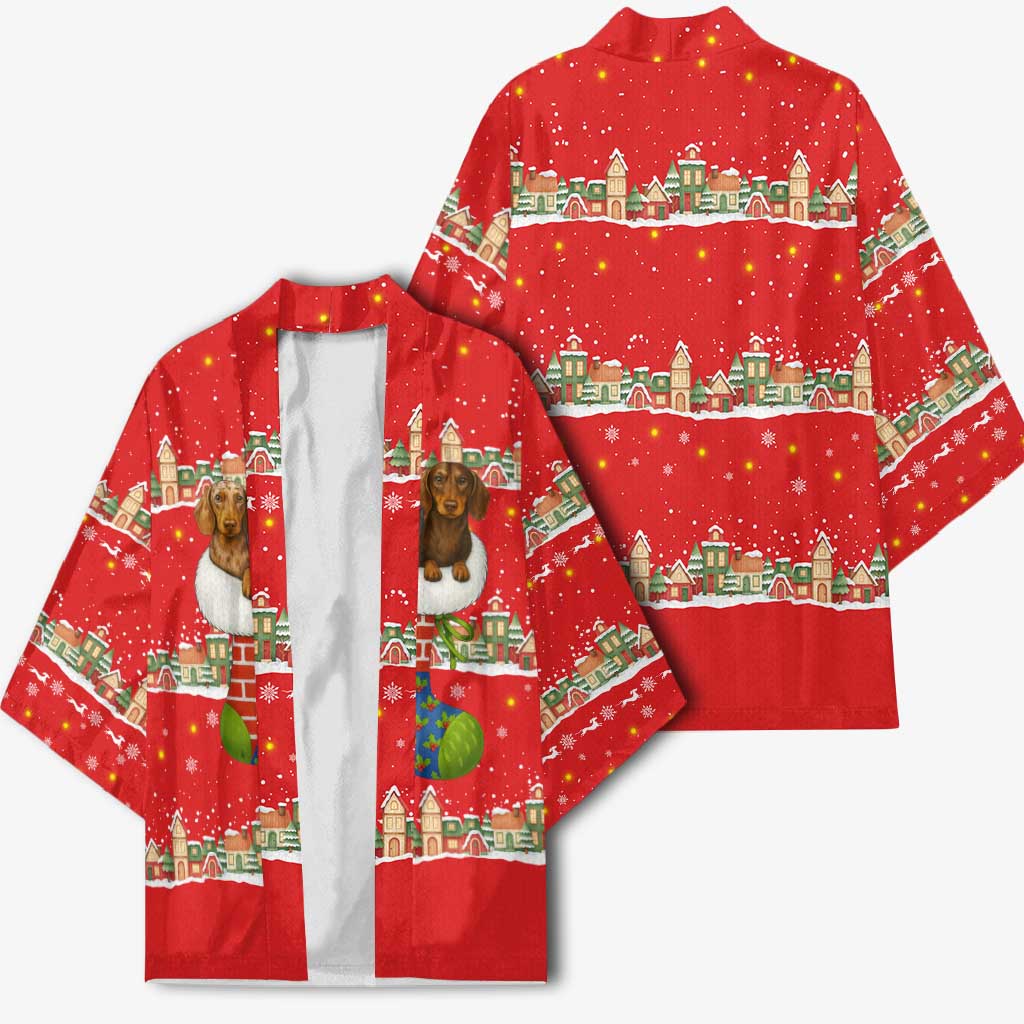 Funny Dachshund Dog Light Up Christmas Kimono Snowy Village Red Holiday Design - Wonder Print Shop