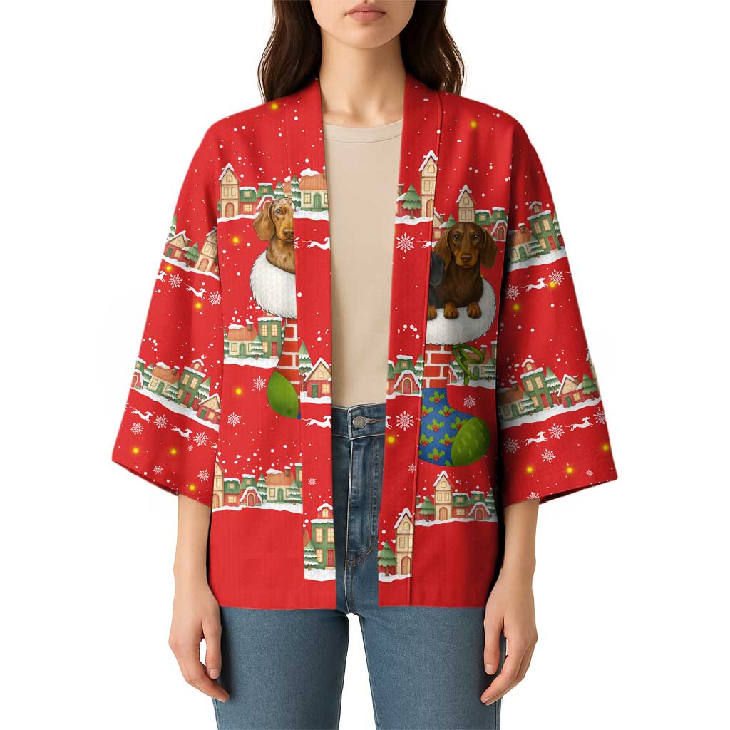 Funny Dachshund Dog Light Up Christmas Kimono Snowy Village Red Holiday Design - Wonder Print Shop
