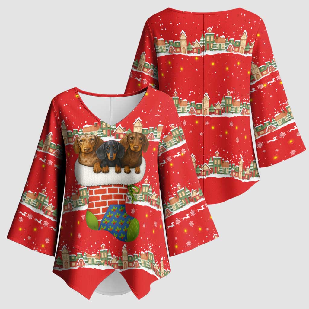 Funny Dachshund Dog Light Up Christmas Kimono Sleeve Blouse Snowy Village Red Holiday Design - Wonder Print Shop