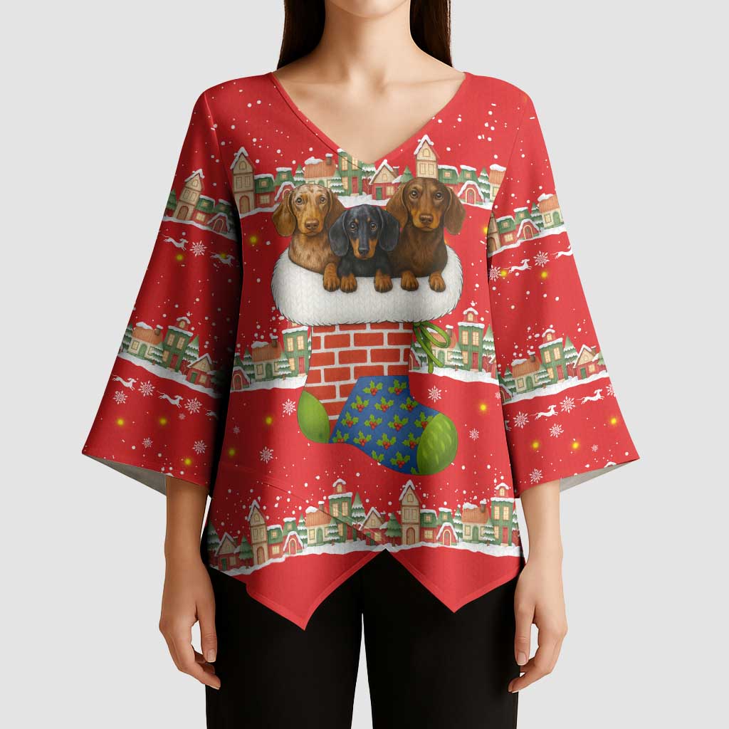 Funny Dachshund Dog Light Up Christmas Kimono Sleeve Blouse Snowy Village Red Holiday Design - Wonder Print Shop