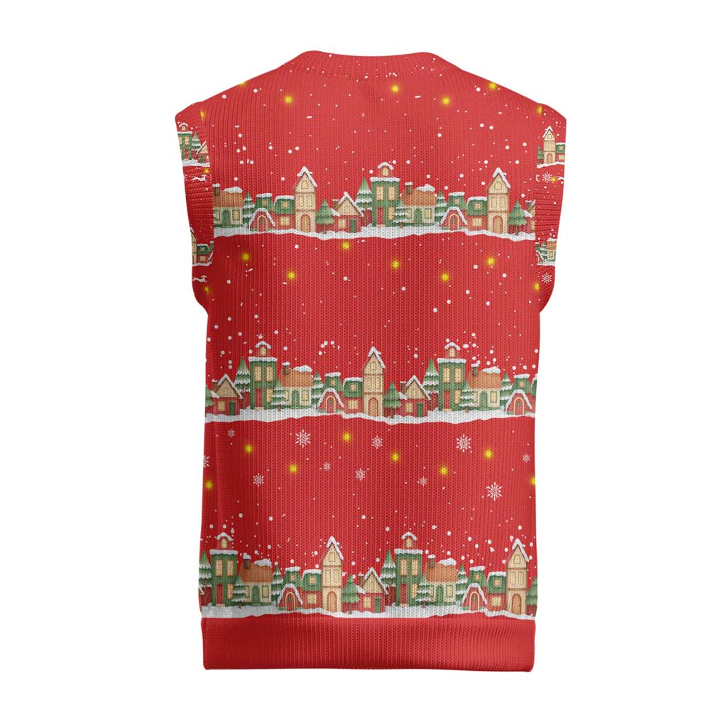 Funny Dachshund Dog Light Up Christmas Knitted V-Neck Vest Snowy Village Red Holiday Design - Wonder Print Shop