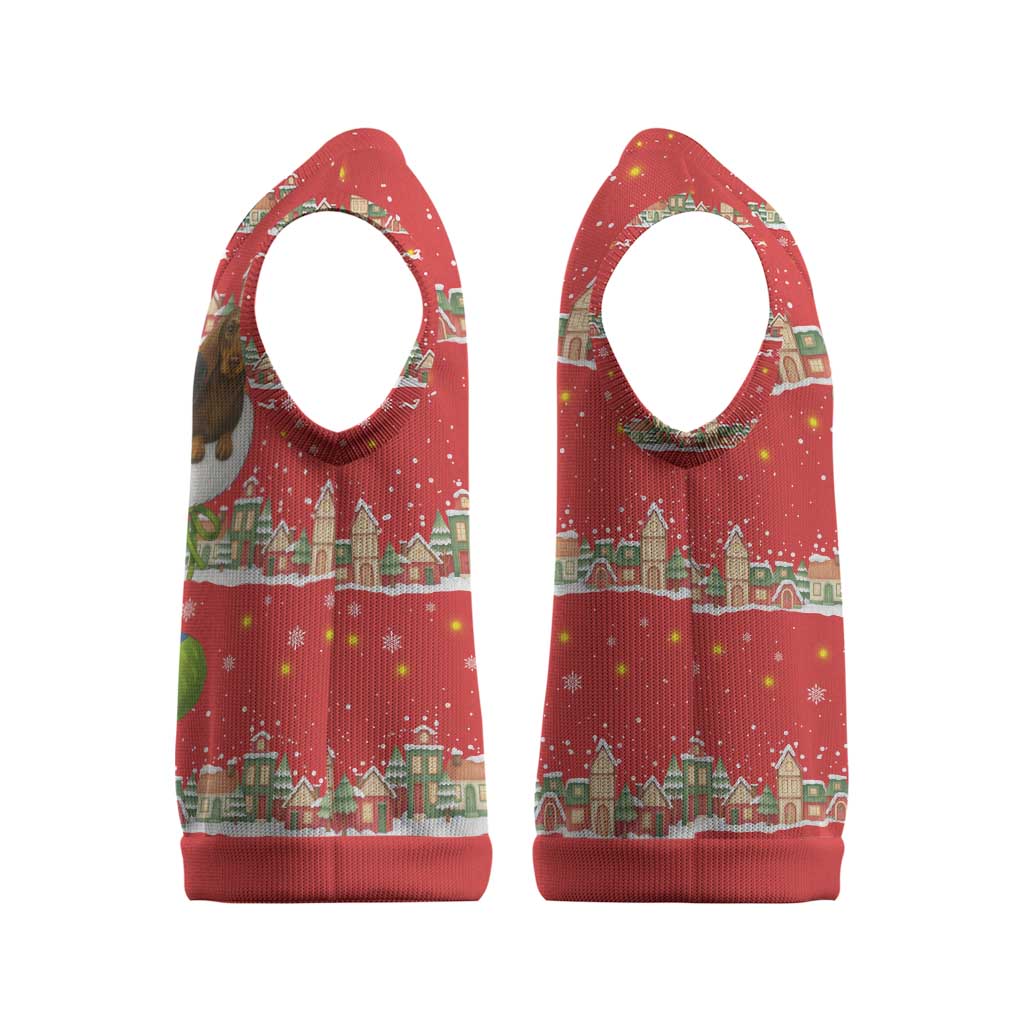 Funny Dachshund Dog Light Up Christmas Knitted V-Neck Vest Snowy Village Red Holiday Design - Wonder Print Shop