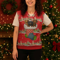 Funny Dachshund Dog Light Up Christmas Knitted V-Neck Vest Snowy Village Red Holiday Design - Wonder Print Shop