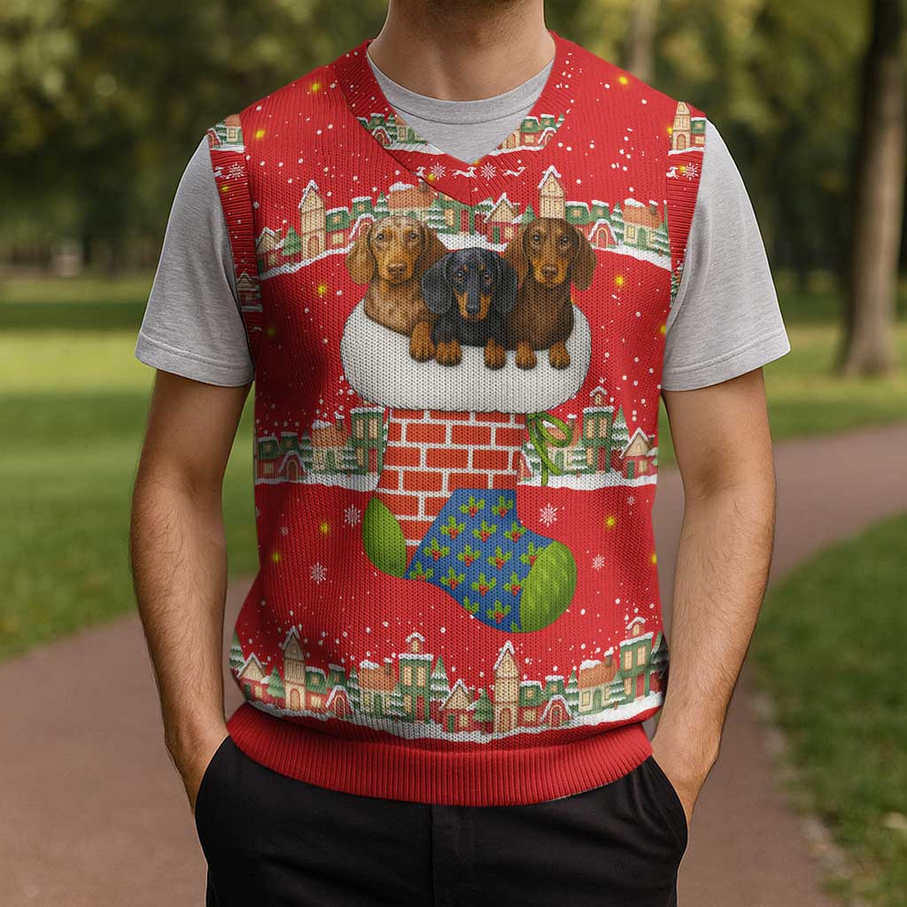 Funny Dachshund Dog Light Up Christmas Knitted V-Neck Vest Snowy Village Red Holiday Design - Wonder Print Shop