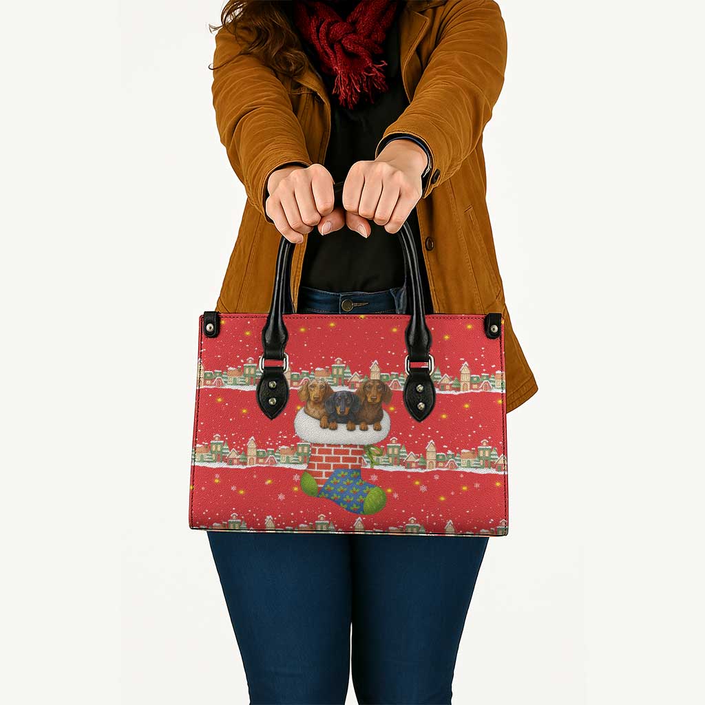 Funny Dachshund Dog Light Up Christmas Leather Bag Snowy Village Red Holiday Design - Wonder Print Shop