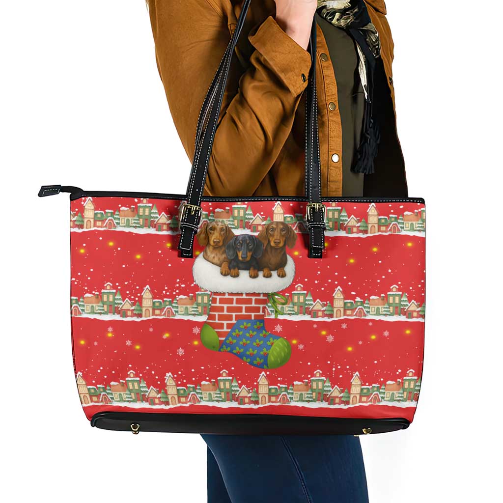 Funny Dachshund Dog Light Up Christmas Leather Tote Bag Snowy Village Red Holiday Design - Wonder Print Shop