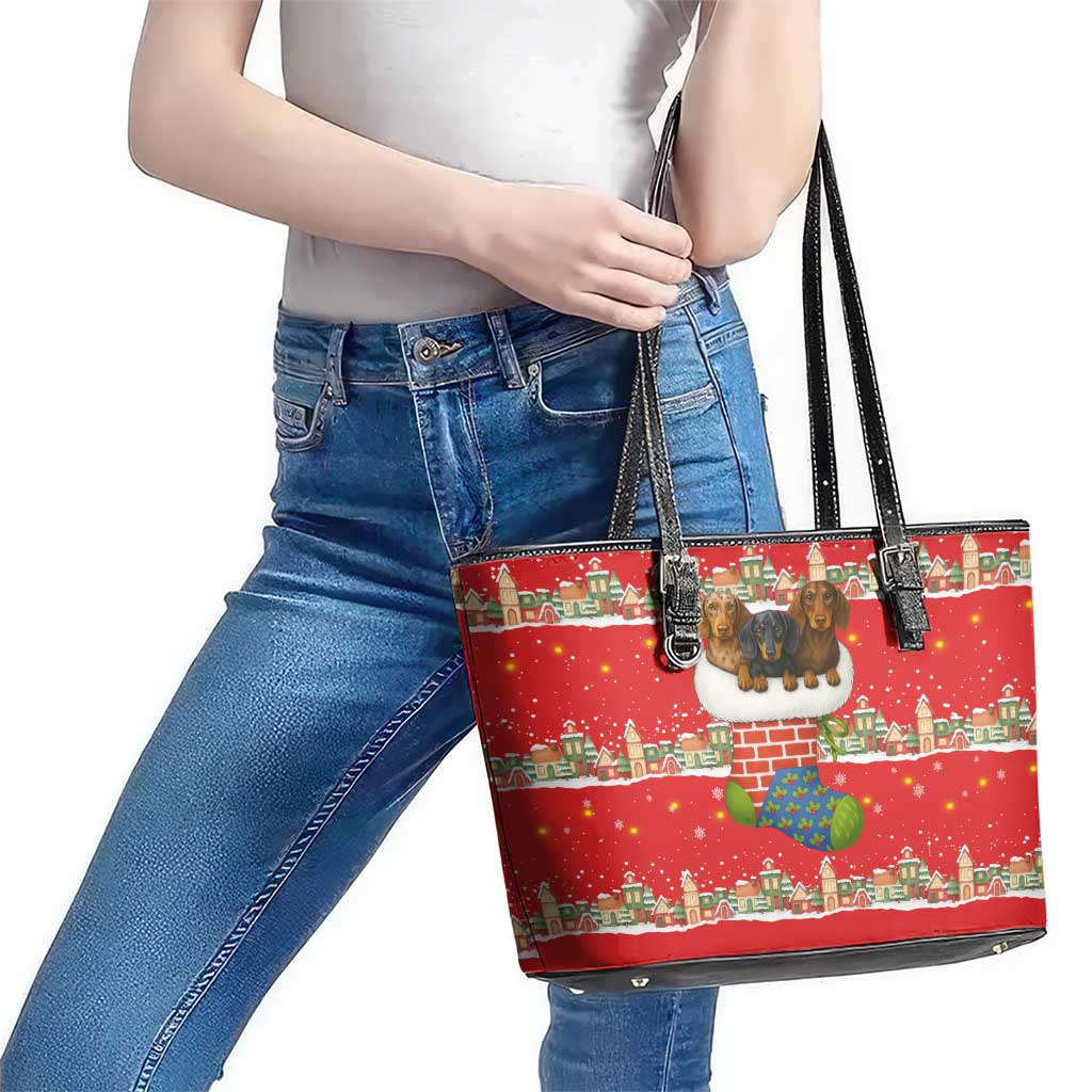 Funny Dachshund Dog Light Up Christmas Leather Tote Bag Snowy Village Red Holiday Design - Wonder Print Shop