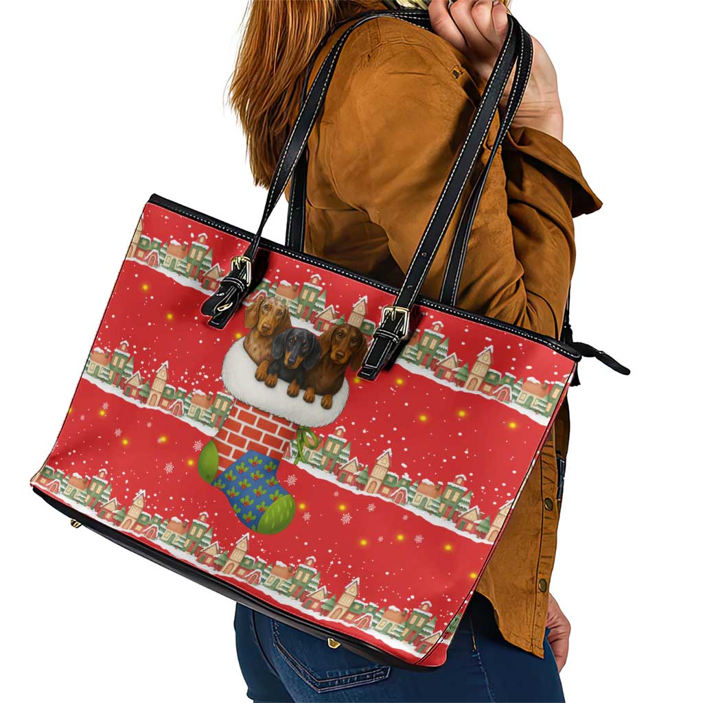 Funny Dachshund Dog Light Up Christmas Leather Tote Bag Snowy Village Red Holiday Design - Wonder Print Shop