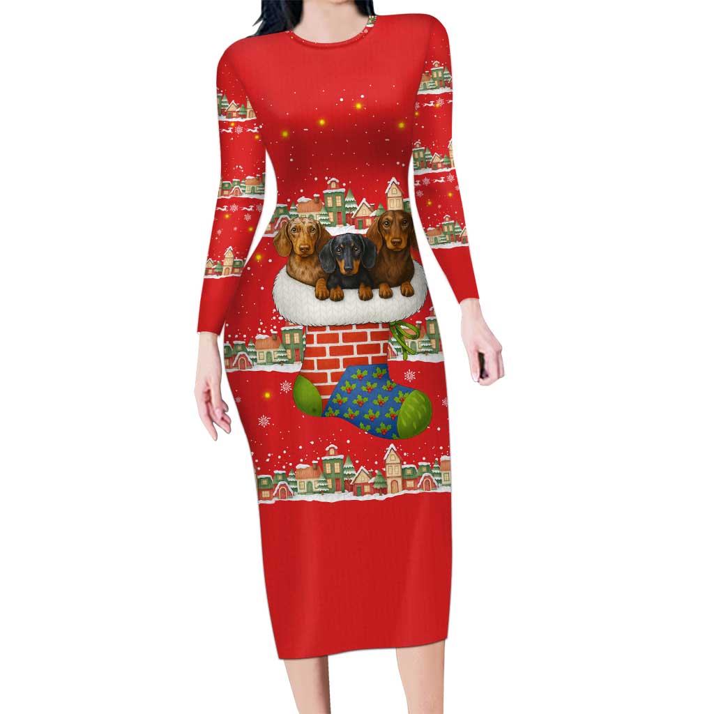 Funny Dachshund Dog Light Up Christmas Long Sleeve Bodycon Dress Snowy Village Red Holiday Design - Wonder Print Shop