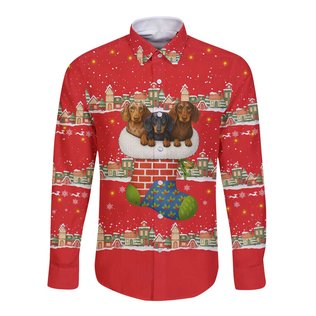 Funny Dachshund Dog Light Up Christmas Long Sleeve Button Shirt Snowy Village Red Holiday Design - Wonder Print Shop