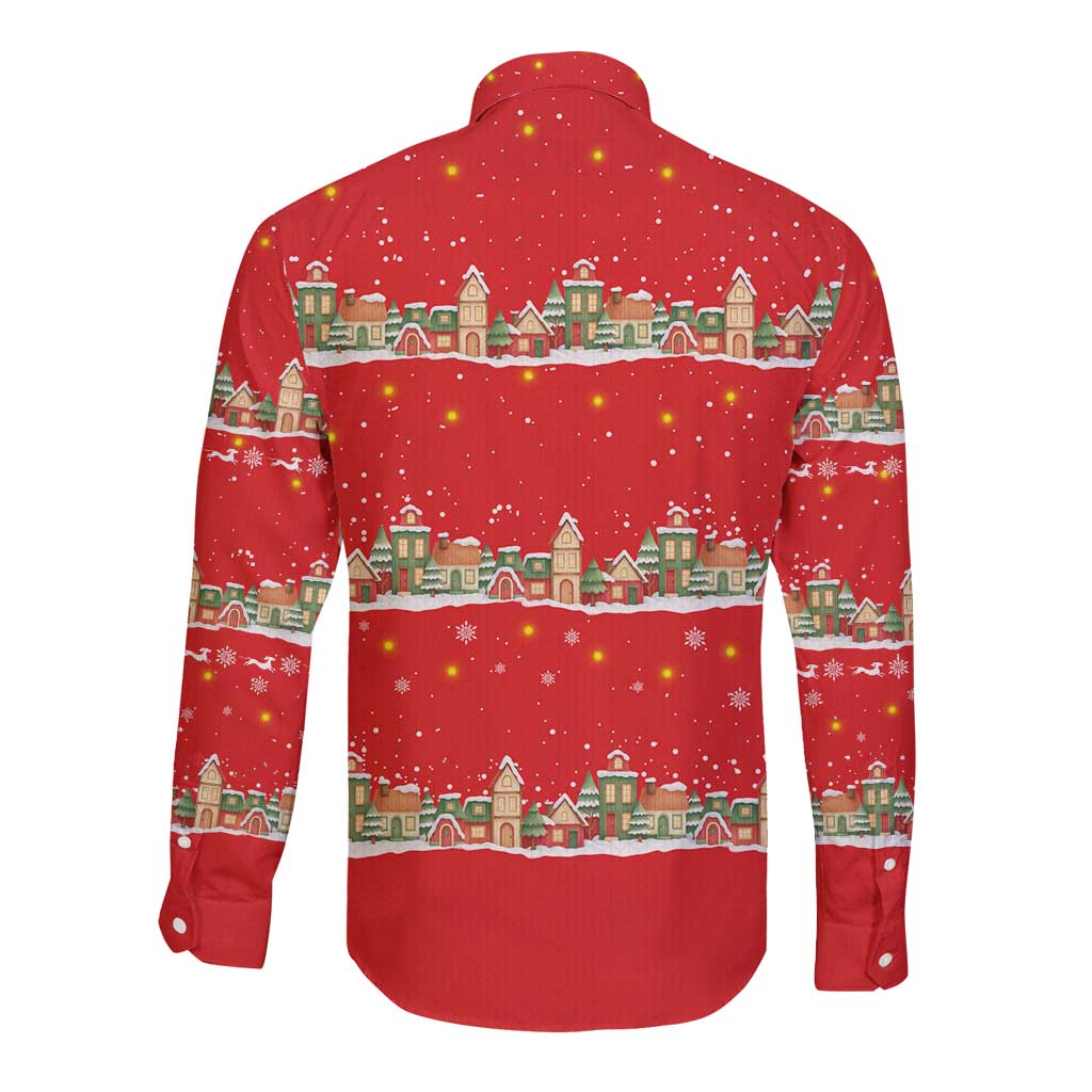 Funny Dachshund Dog Light Up Christmas Long Sleeve Button Shirt Snowy Village Red Holiday Design - Wonder Print Shop