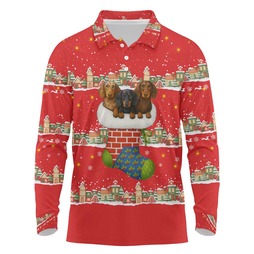 Funny Dachshund Dog Light Up Christmas Long Sleeve Polo Shirt Snowy Village Red Holiday Design - Wonder Print Shop